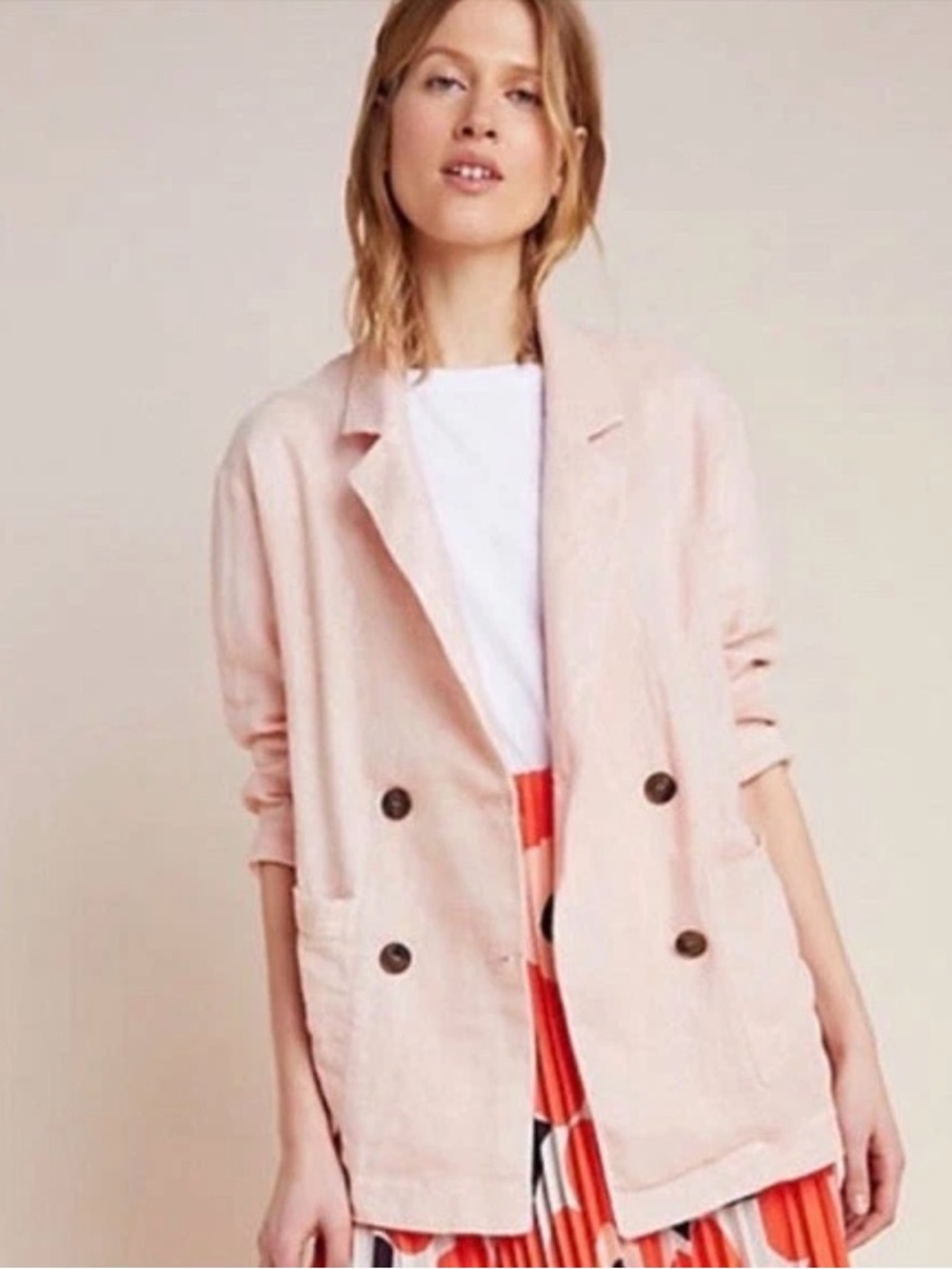 Anthropologie Light Pink Double-Breasted Linen Blazer Jacket